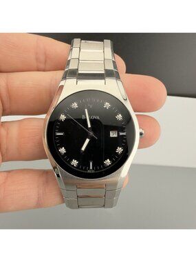 Bulova 96D104 Black Dial 8 Diamonds Stainless Steel Men's Watch READ